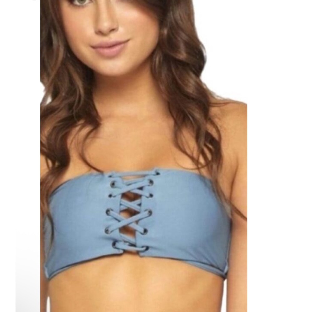PilyQ Sky Blue Lace Up Bandeau Bikini Top SKB-347B Strapless Swimwear‎ Womens M - Picture 2 of 6